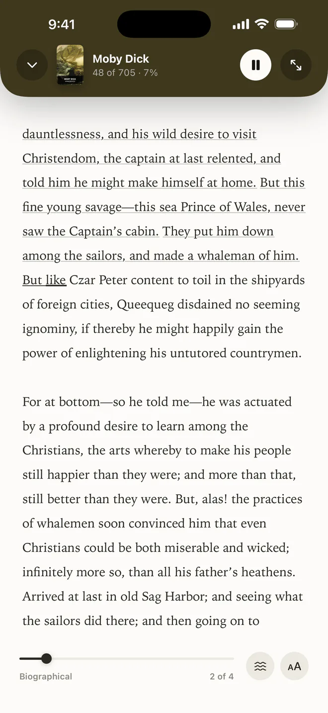 Ecapsa on iPhone reading Moby-Dick aloud, the current sentence underlined