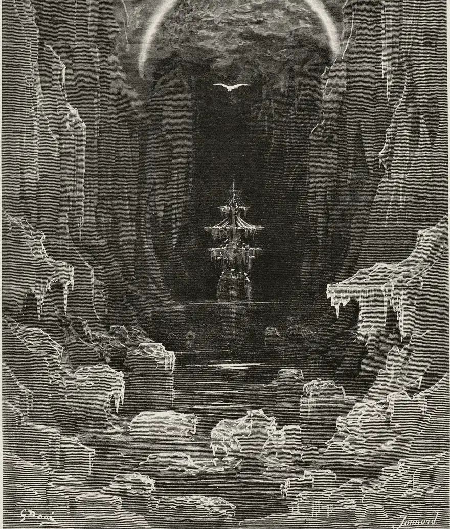 Engraving by Gustave Doré: a ship held in a canyon of ice under a white arc, an albatross overhead